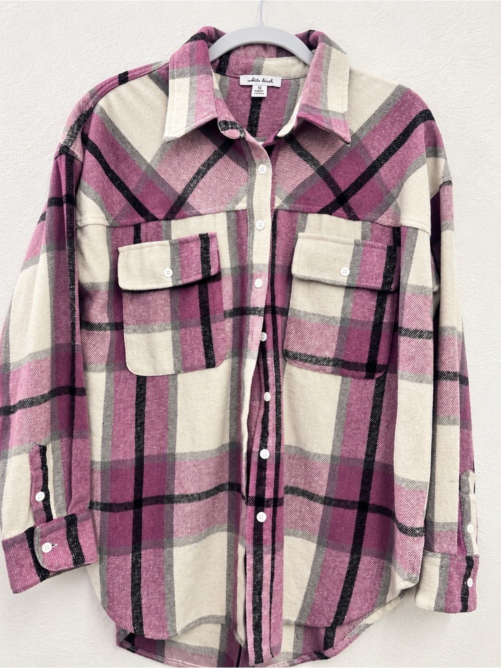 white birch Pink and Cream Plaid Button-Front Shacket